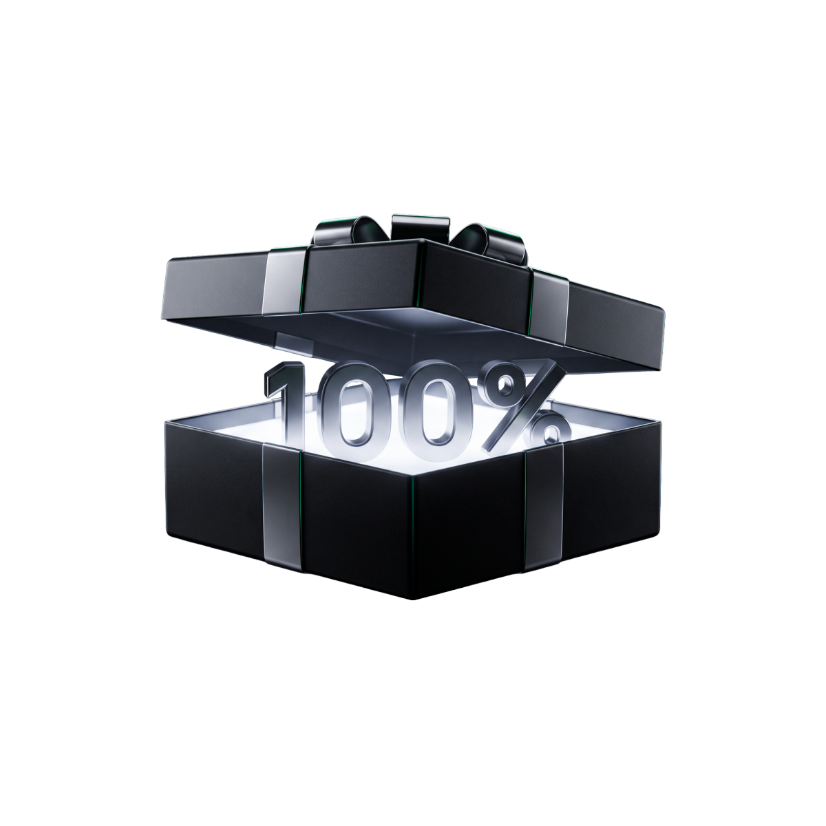 Open black gift box with silver ribbon and 100% deposit bonus credit artwork